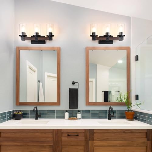 Image of EDISHINE Farmhouse Vanity Lights for Bathroom, 3-Light Bathroom Vanity Lights Over Mirror, Wall Sconce with Clear Glass Shades for Vanity Table, Living Room(E26 Base) (Pack of 2)
