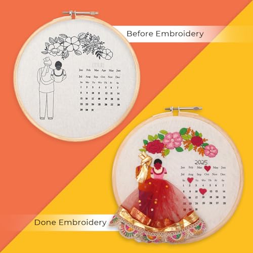 Image of picknMAKE Fabric DIY Personalized Wedding Anniversary Embroidery Kit for Beginners, Calendar Hoop Art with 3D Bride & Groom Design, Floral Motifs, & Display Stand Perfect for Weddings & Anniversaries