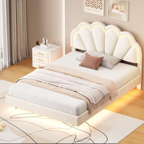 Cama infantil de 140 x 200 cm, tapizada para cama doble para niñas, cama juvenil, marco de cama flotante acolchado con tiras de luz LED y cabecero en forma de flor, tela de terciopelo (beis, 140 x 200