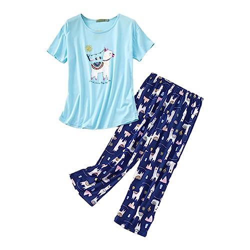 Ropa de dormir sexy para mujer, manga de encaje, pantalones largos, patrón de costura para camisón, azul oscuro, S
