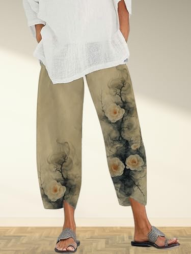 Women's Wide Leg Pants Boho Floral Print Trousers Fashion Graphic High Waist Elastic Cropped Capri Pants with Packets2
