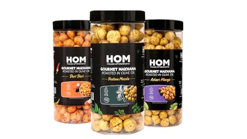 Image of H O M House Of Makhana 195g Pudina,Peri Peri And Achari Mango Gourmet Makhana Jar Roasted in Olive Oil, Flavored Makhana Pack of 3 (65gX3)