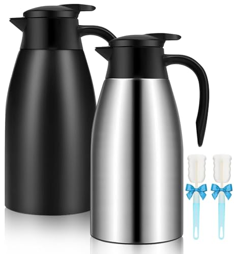 Image of 68oz Thermal Coffee Carafe, 2 Pack Airpot Insulated Coffee Urn Stainless Steel Vacuum Thermal Pitchers for Coffee, Hot Water, Tea, Beverage - Keep 12 Hours Hot, 24 Hours Cold (Silver, Matte Black)