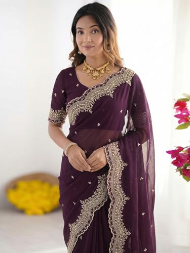 Image of SIRIL Women's Shimmer Georgette Scalloped Border Sequins Embroidery Saree with Unstitched Blouse Piece