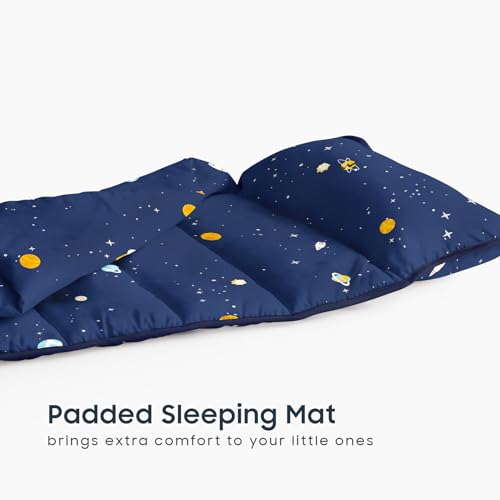 Image of Wake In Cloud - Toddler Nap Mat with Pillow and Blanket, 100% Cotton Fabric, for Kids Boys Ages 3 Plus in Daycare Kindergarten Preschool, Roll Up Sleeping Bag, Galaxy Spaces