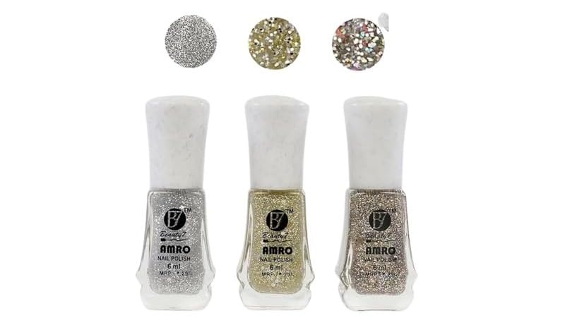 BEAUTY7 Amro Glitter Nail Polish High shine Quick-Dry Long-Lasting Nail Lacquer Glitter Nail Paint for Women and Girls 6ml Each Combo Pack of 6 (Silver-Gold-Multicolour) 2
