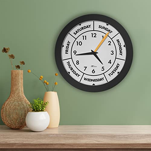 Dayclocks Time & Week-Day Wall Clock With Solid Plastic Frame – Weekly Analog Clock With Days, Hours & Minutes – Quiet Wall Mounted Clock - Ideal Retirement Gift For Men & Women, Black, 12" #TOP4