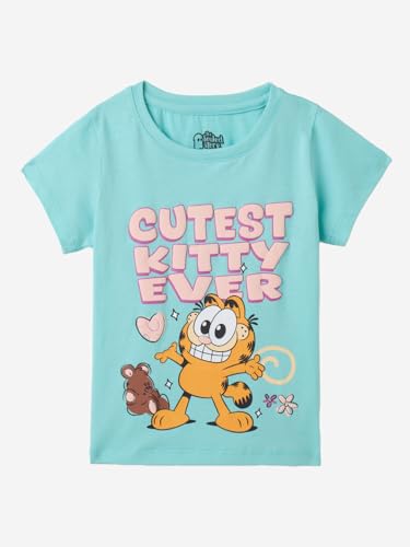 Image of The Souled Store Garfield: Cutest Kitty Girls Short Sleeves Round Neck Blue Graphic Printed Regular Fit Cotton T-Shirts (2-8 Yrs)