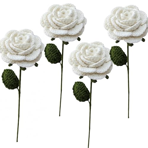 Image of Prapti Handicrafts Handmade Crochet Rose Artificial Forever Flowers for Vase, Home Decoration (4, White Rose)