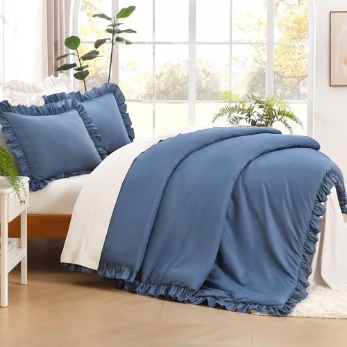 Image of Litanika Ocean Blue Full Size Comforter Sets, 3 Pieces Ruffle Farmhouse Aesthetic Bedding Comforter Sets, All Season Soft Lightweight Fluffy Microfiber Bed Set(79x90In Comforter, 2 Pillowcases)