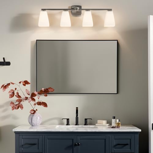 Image of Kichler Marant 33.25 inch 4-Light Bathroom Vanity Light Fixture with Opal Glass in Brushed Nickel for Modern Powder Room Over Mirror (33.25 in W x 9.5 in H), 55217NI