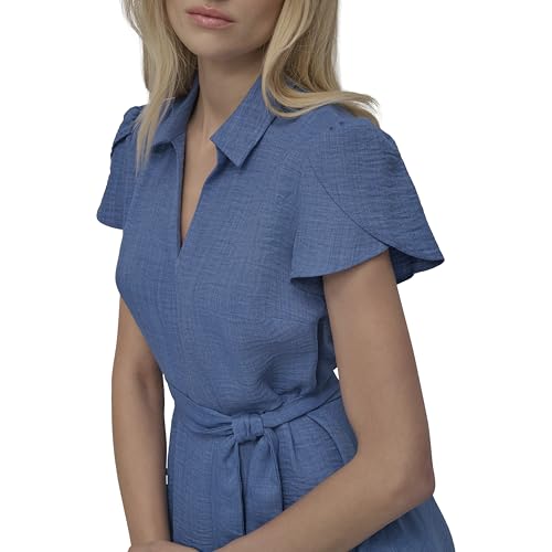 Image of DKNY Women's Short Sleeve Collared V-Neck Tie Waist Midi Dress