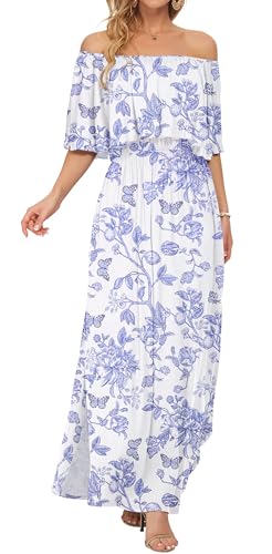 Image of AUSELILY Womens Off Shoulder Ruffle Split Summer Maxi Dresses with Pockets | Off-shoulder Ruffle dress with empire waist & side split for summer beach and casual parties