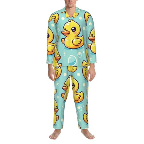 Mens Long Sleeves Pajama Set Cute Yellow Rubber Ducks Light Blue Cozy Two-Piece Loungewear For Nighttime Comfort,Casual Wear4
