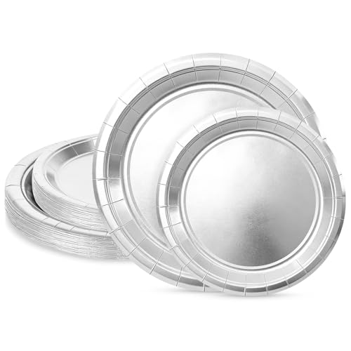 LIKAJON 50 Pcs Silver Paper Plates 25 Pcs 9 Inch and 25 Pcs 7 Inch Disposable Christmas New Years Dessert Plates for Valentines Baby Shower Birthday Wedding Graduation Picnic BBQ Party