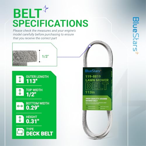Image of BlueStars 119-8819 Mower Deck Belt | Aramid Cord | 1 /2 inch x 113 1 /2 inch