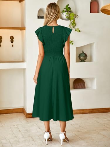 Image of Simplee Womens Striped Midi Summer Dress Linen Smocked Flutter Short Sleeve Dress Flowy Casual Dress with Pockets