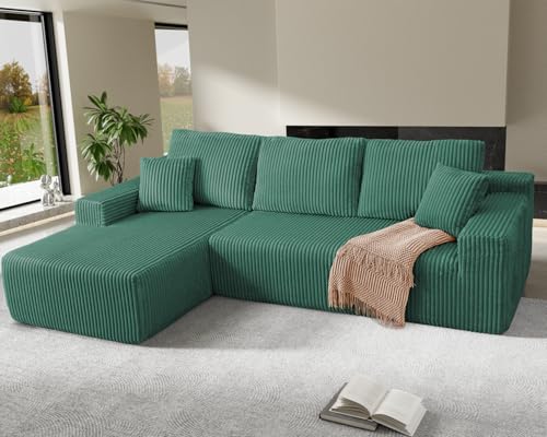 Image of 105 inch Cloud Sectional Couch, L-Shaped Modular Sectional Sofa with Deep Seat, Boneless Couches for Living Room Bedroom, Corduroy Upholstery Green, Left Facing Chaise