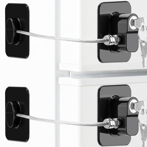 EOTJYAO Refrigerator Lock 2 Pack Upgraded Fridge Lock for Freezer Cabinet Drawer Air Fryer Closet Window Door Premium ABS Material with Adhesive Backing No Tools Need or Drill Black