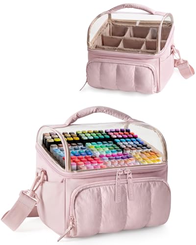 Marscamd Quilted Marker Organizer Case Holds 180 Markers, Marker Storage Organizer Bag with Dividers and Multiple Pockets (Bag Only), Pink