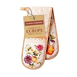 Maison d' Hermine Guantes dobles de horno de 7 x 35 pulgadas, 100% algodón, resistentes al calor, guantes de cocina con bucle, manejo de sartén caliente, jardín de calabazas, crema nublada, Acción de