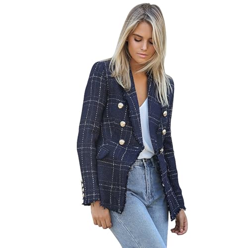 2024 Fall Women's Tweed Blazer, Stylish and Casual, Double Breasted Front Open Plaid Blazer Workwear