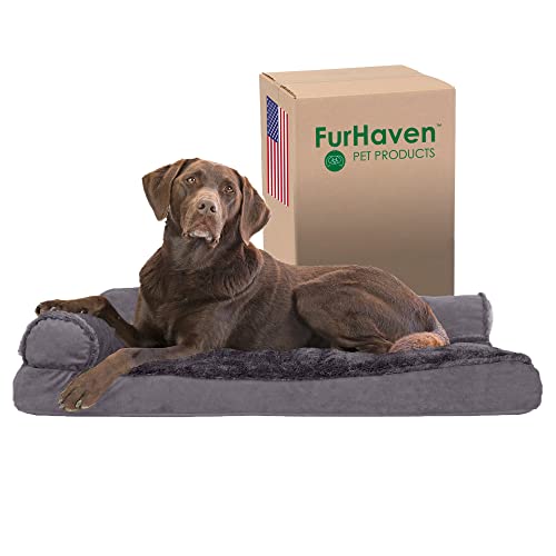 Furhaven Pillow Dog Bed for Large/Medium Dogs w/ Removable Bolsters & Washable Cover - Plush & Velvet L Shaped Chaise - Platinum Gray, Large