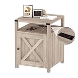 HOSEOKA Farmhouse Nightstand with Charging Station, Rustic End Table Bedroom with Storage Living Room Side Table Beige Night Stand Industrial Bedside Bed Table with USB Ports and Outlets