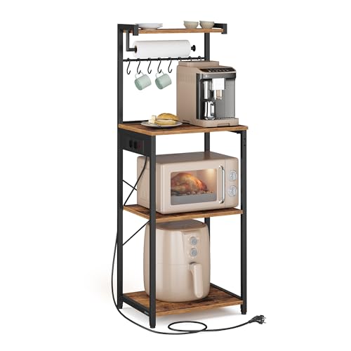 VASAGLE Küchenregal mit Steckdosen, Standregal, Kaffeebar mit 4 Ebenen und 8 S-Haken, Mikrowellen-Regal, verstellbare Ablage, 40 x 45 x 140 cm, vintagebraun-tintenschwarz KKS013KD02