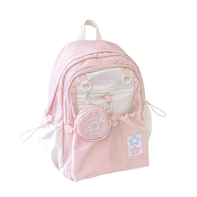 Mounteps Rosy Posy & Cream Star Drawstring Backpack - Large Capacity, Cute Printed Backpack for Everyday Use, Travel & Shopping (Pink)
