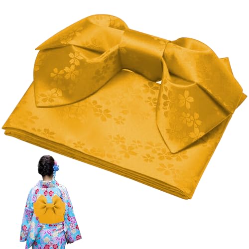 Kimono Belt for Women Japanese Traditional Yellow Wide Bow Belt with Cherry Blossom Patterns Accentuating Waistline One Size Fits Most Yukata for Cosplay, Halloween, Themed-Party2