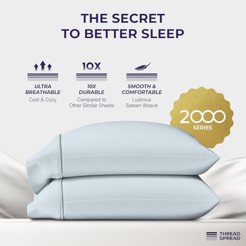 Image of THREAD SPREAD 100% Egyptian Cotton Pillow Cases Queen Size Set of 2 - Luxury 2000 Series Queen Pillow Cases (21 inch x 32 inch, Light Blue), Soft Cooling Envelope Closure Hotel Egyptian Cotton Pillowcases