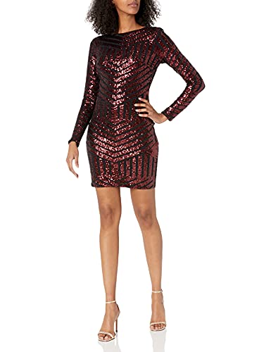 knee length dresses for ladies Faux-Wrap Long Sequin Formal Dress with Long Sleeves Burgundy / Small main image 1