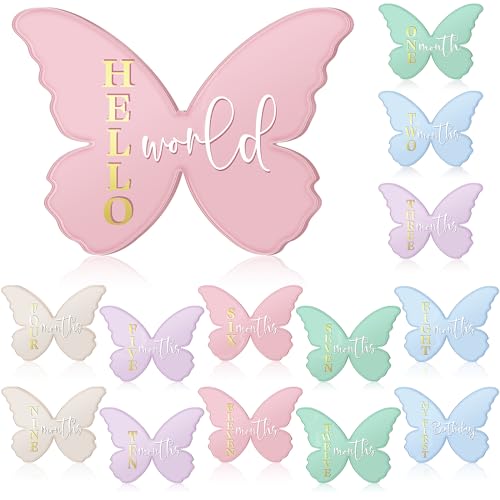 Image of CroBlissful 14 Pcs Butterfly Baby Monthly Milestone Cards Acrylic Baby Milestone Signs for Adorable Milestone Pictures Baby Milestone Cards for Your Newborn Boy Girl