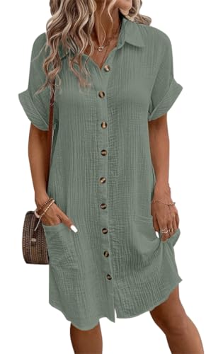 WINKEEY Casual Dresses for Women UK Linen Buttons Short Sleeve V-Neck Womens Summer Dresses with Pockets Loose Ladies Dress Beach Cover Up Blouses for Women,Green XL