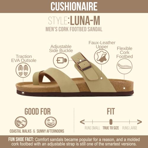 Image of CUSHIONAIRE Luna-M Slides for Men, Comfortable Cork Footbed Mens Sandals with Arch Support and Adjustable Buckle Strap