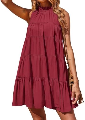 Okiwam Womens Summer Halter Dresses Sleeveless A Line Tiered Swing Mini 2025 Fall Casual Boho Beach Vacation Sundress