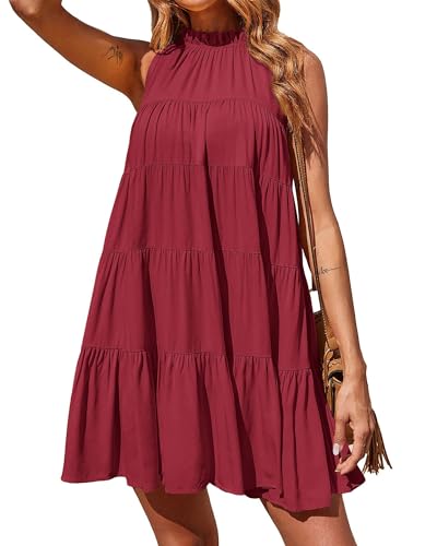 Okiwam Womens Summer Halter Dresses Sleeveless A Line Tiered Swing Mini 2025 Fall Casual Boho Beach Vacation Sundress
