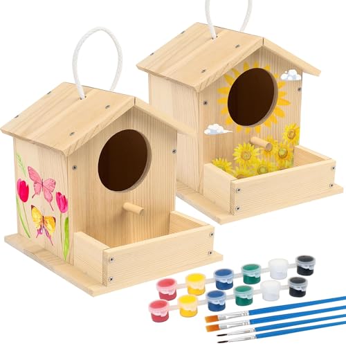 LotFancy 2 Pièce Maison Oiseaux Exterieur, Kit de Bricolage Cabane Oiseaux en Bois pour Enfant à Construire et Peindre, Loisir Creatif Activités Manuelles Fille et Garçons