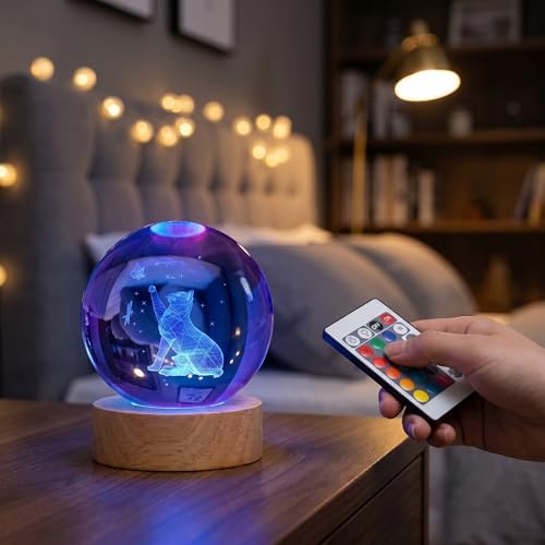 Image of Cat Gifts for Cat Lovers for Women, Large 3D Night Light, Crystal Lamp 16 Color Changing with Remote Control for Bedroom Decor, Play with Butterfly