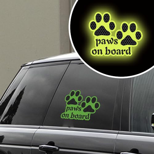 Image of 2pcs Reflective Paw Print Decal Dog Paws on Board Car Window Sticker Safety Warning Sign Stickers Funny Reflective Vinyl Stickers for Car Motorcycles Laptop (Fluorescent Green)