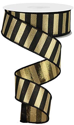 Drahtband Metallic Horizontale Streifen für Kränze, Geschenkverpackungen, Basteln, Blumenarrangements (Schwarz, Gold, 3,8 cm)