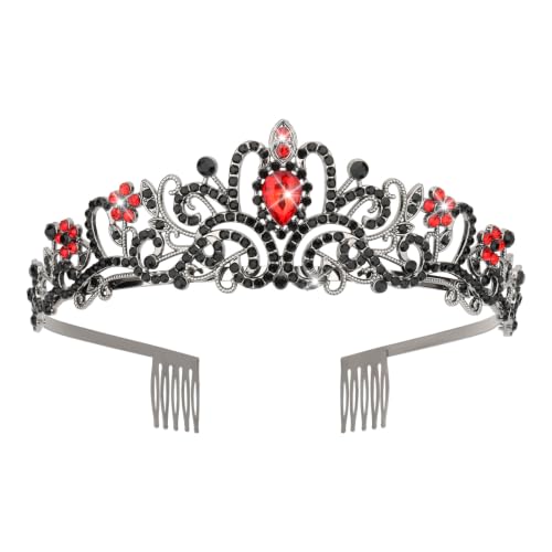 Araluky Gothic Tiara for Women, Black Red Crystal Crown, Tiara with Combs