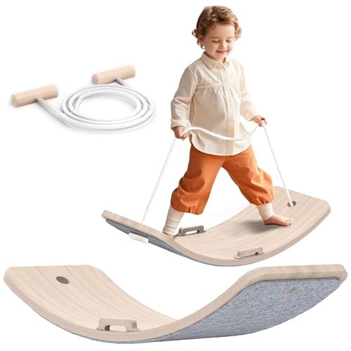 LGMCF Balance Board Kinder Holz - 80x30CM Wobbel Board für Kinder Mit Handläufe und Hilfsseil - Montessori Spielzeug für Balancieren ab 3 Jahre (Wood)