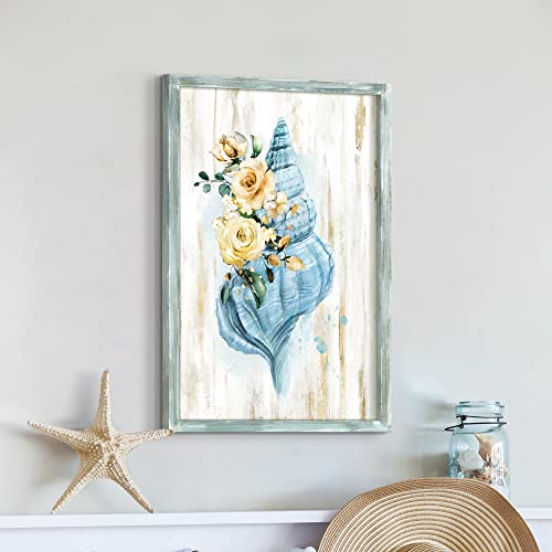 Beach Conch Shell Painting Picture: Framed Rustic Wooden Wall Art Coastal Sea Life Artwork Print Modern Living Room Bedroom Bathroom Wall Decoration For Home Office Decor 24"X16" #TOP1