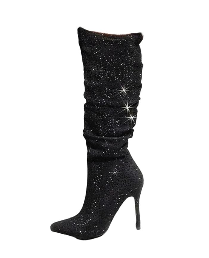 Womens Glitter Suede Pointed Toe Rhinestone Long Boots Thin Heel Party Knee-High Boots