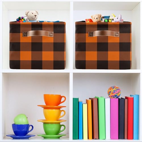 Image of Aslsiy Storage Basket Orange Black Plaid Nursery Bins Baby Box Canvas Clothes Shelf Basket Laundry Hamper Gift Basket for Home Closet 1 Pcs