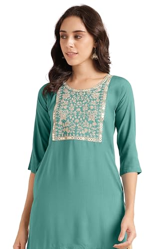 Image of MIRCHI FASHION Women's Straight Fit Rayon Sequins Embroidered and Polka Dots Printed Kurti Only
