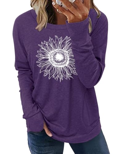 ONLYSHE Women's Casual Long Sleeve Tops Crew Neck Round Hem Loose T-Shirts Tunic Tops with Thumb Holes,FloPurple,Large