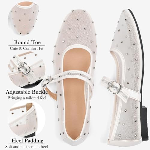 Image of Mesh Ballet Flats Shoes for Women Comfortable Studded Mary Jane Shoes Ballerina Buckle Strap Business Office Work Dress Shoes